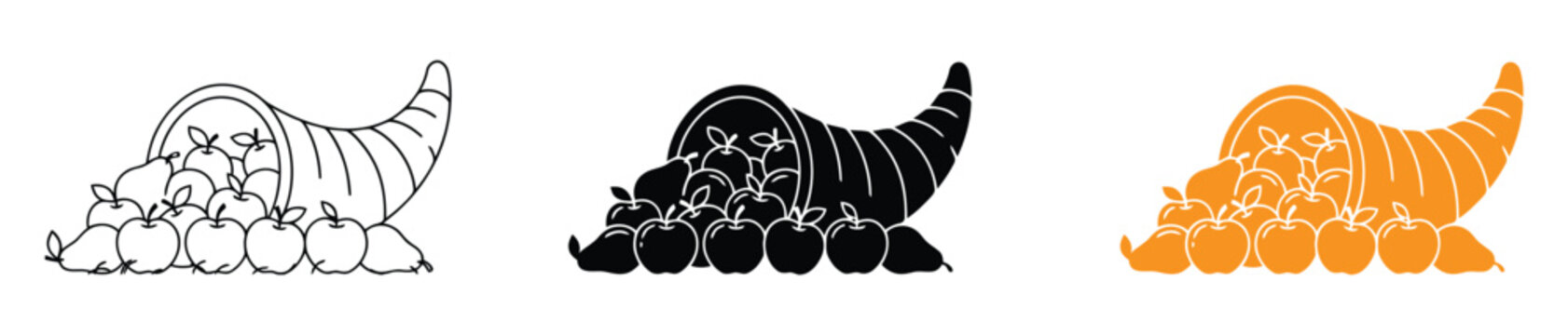 Adobe Illustrator Artwork. Cornucopia horn of plenty icon set with autumn harvest fruits including grapes apple and pear for Thanksgiving holiday celebration design. 