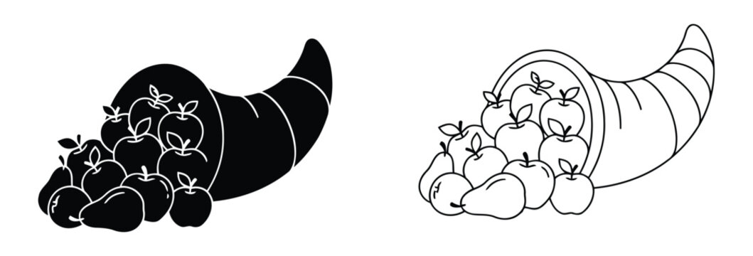 Adobe Illustrator Artwork. Cornucopia horn of plenty icon set with autumn harvest fruits including grapes apple and pear for Thanksgiving holiday celebration design. 