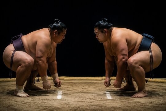 Two sumo wrestlers in a tense pre-match stance with dramatic side lighting.