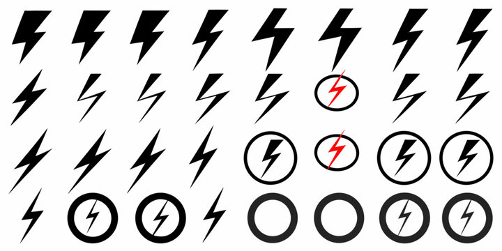 lightning bolt variations in black and red vector icons on white background electricity energy symbol flash thunder storm pattern design