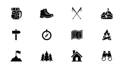 Naklejka premium Minimalist black icons set featuring outdoor adventure and navigation essentials in clean flat design with high contrast collection twelve minimalist icons arranged 3x4 grid