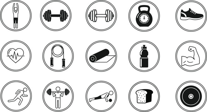 Fitness and Wellness Icons Set Including Weights Heart Rate and Running Shoe