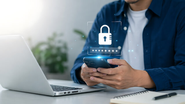 Person holding smartphone with security lock icon