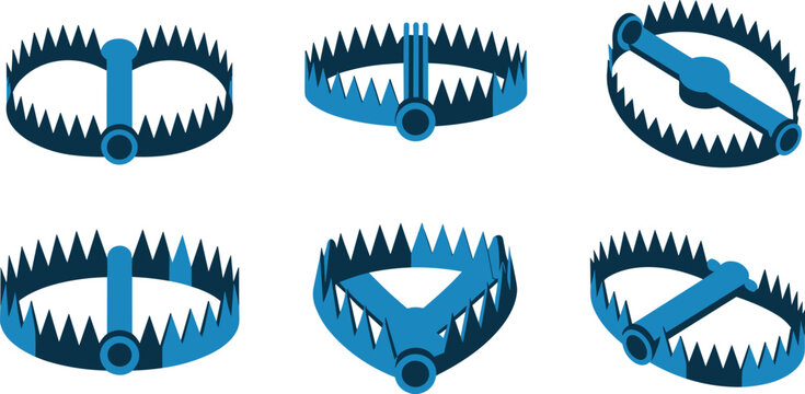 Metal Bear Trap Icon Vector Set Featuring Sharp Toothed Steel Jaws and Mechanical Spring Designs for Hunting, Security, and Danger Concepts