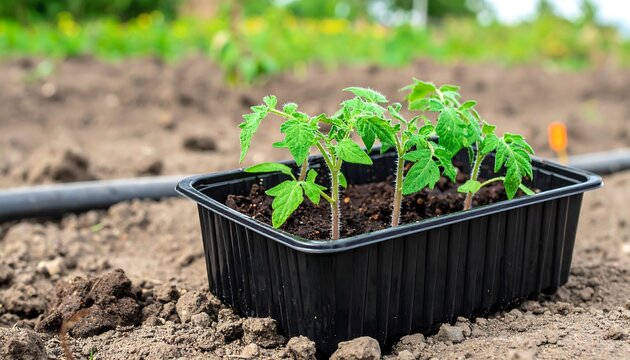 Young tomato seedlings in a black tray sit on soil ready to be planted in a garden plot