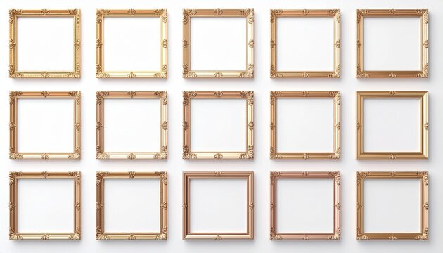 Elegant golden square picture frames set 白背景にシンプルに配置された高級感のあるスクエア額縁フレーム素材セット