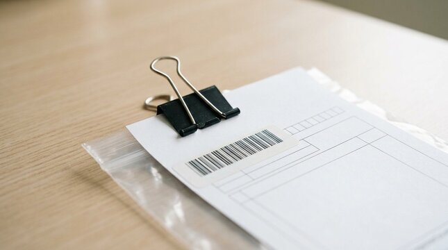 Requisition Form Clipped to a Sample Bag with a Barcode Label Visible &ndash; Clinical Trial Stock Photo