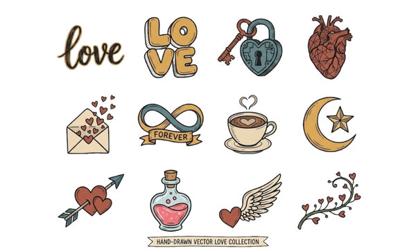 Love romance romantic elements vector set, hand drawn icons including heart keys love letter coffee and wings