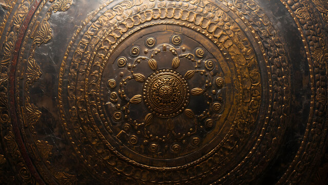 Intricate Gold Embossed Metal Pattern Close-up, Ancient Artifact Texture