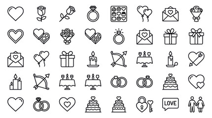 Fototapeta premium Romantic wedding and marriage event line icon collection.