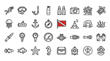 Fototapeta premium Scuba diving and marine life line icons collection.