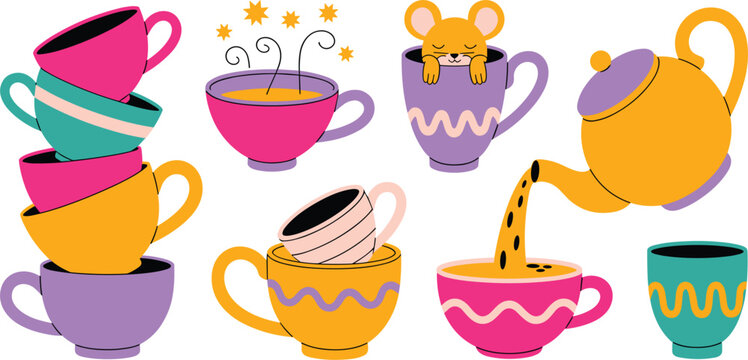 Cute Alice in Wonderland tea party vector illustration set featuring stacked colorful teacups, yellow teapot pouring tea, sleeping dormouse in a cup, and magical steaming mugs.