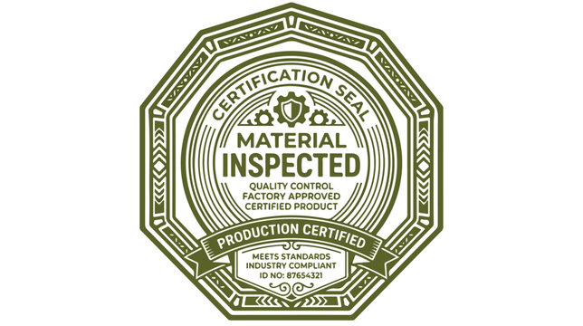 Vintage style certification seal badge for material inspection and production quality control.