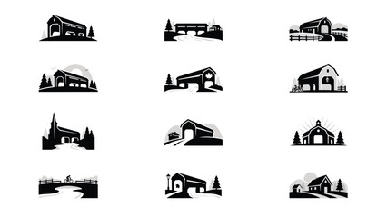 Rustic black and white silhouette icons showcasing traditional barns churches with countryside ambiance modern graphic design approach presents clean minimalist © Soma