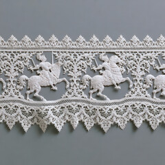 Fototapeta premium Elegant White Lace with Knight Motif: Dynamic Medieval Design on Gray Background for Luxury Textiles