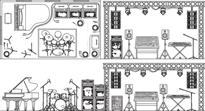 Concert stage layout and musical equipment set with top and front view vector line art illustration