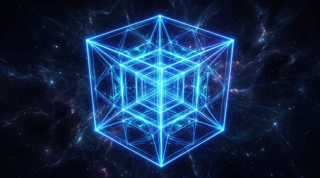 Conceptual 3D wireframe glowing blue cube with fractal geometric layers and digital energy lines in dark space geometry wireframe