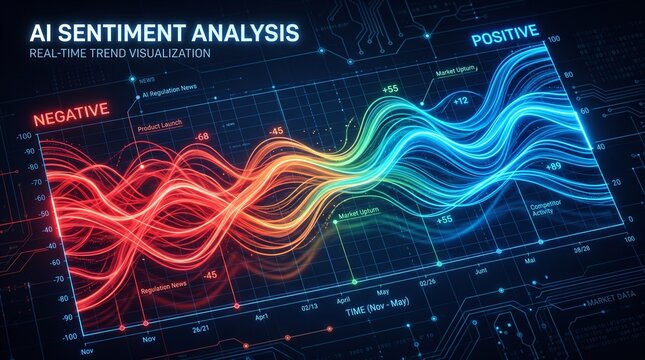 Digital dashboard display showing artificial intelligence sentiment analysis with positive and negative trend line graphs, sentiment