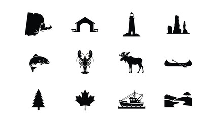 Obraz premium Black and white minimalist icons set featuring wildlife coastal structures with all rendered bold black silhouettes against clean white background