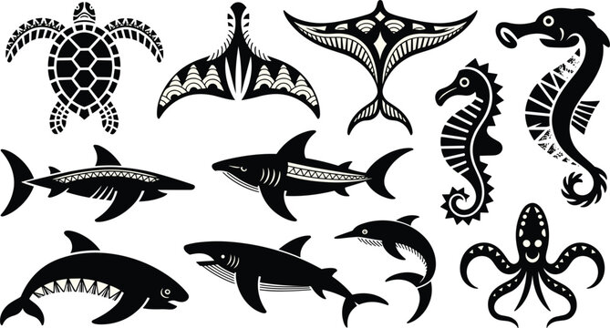 Tribal sea animal tattoo vector icon set featuring traditional polynesian style sea turtle, sharks, manta ray, whale tail, seahorses, octopus, dolphin, and ethnic maori sealife creature designs.
