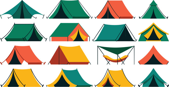 Camping tent vector icon collection featuring colorful outdoor shelter shapes flat line ridge tents tourist shelters hammock with canopy cover and woodland scouting gear elements.