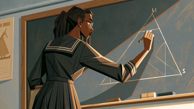 Black teacher in uniform draws a right triangle on a school chalkboard, near a poster.