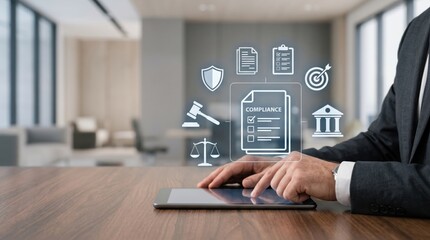 Fototapeta premium Corporate compliance and legal regulation concept with business man using tablet, holographic icons of law justice audit checklist target goal