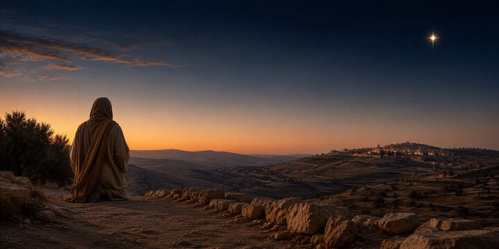 Man in robe kneeling on hill at sunset looking at distant ancient city under glowing star. Biblical scene of faithful wait for Christmas. Historical landscape, prayer, prophecy concept.