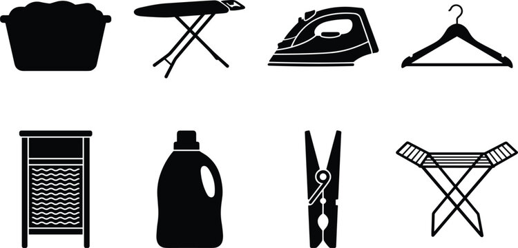 Laundry and ironing service icons set with black silhouettes of iron washboard clothes hanger basket and pins