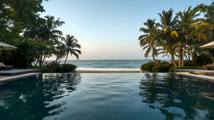 Fototapeta premium Luxury infinity pool overlooking tropical beach and ocean with palm trees