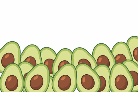 Cartoon style halved avocados with seeds on white background