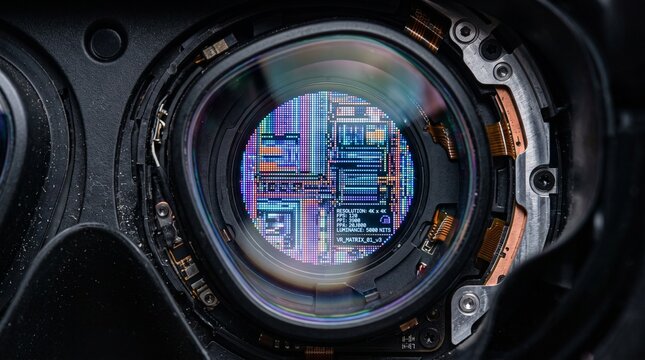 Close-up view through virtual reality headset lens showing digital grid with technology futuristic electronics innovation simulation