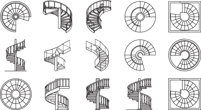 Spiral staircase architectural technical drawings set showing top and side views in black and white vector line