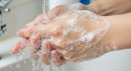 Fototapeta premium Hygiene: Person washing hands with soap and running water, foamy lather and droplets.