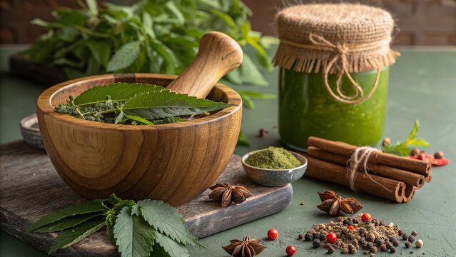 Authentic Ayurvedic herbal wellness arrangement with natural botanical healing ingredients.