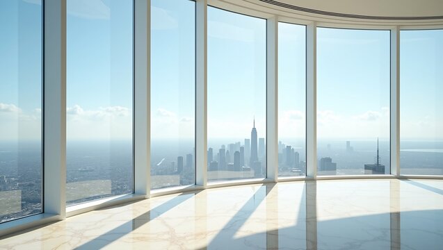 Empty curved-glass penthouse with polished marble floors and wide NYC skyline view