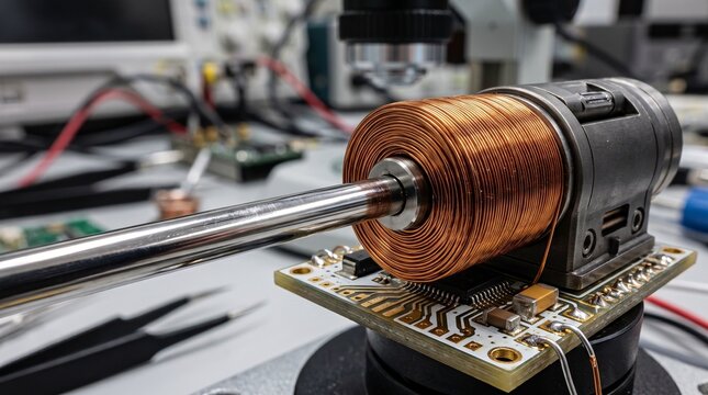 Copper coil electromagnetic component mounted on circuit board for electronic engineering research with electromagnetic, electronics