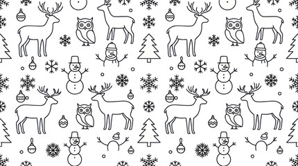 Winter holiday pattern with reindeer and forest animals. © Fenny