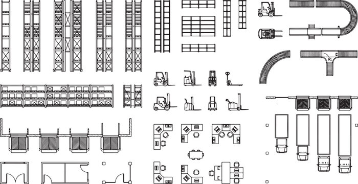 Warehouse logistics and office furniture top view floor plan symbols set for architectural design vector illustration