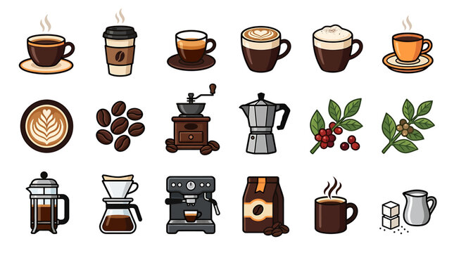A collection of coffee icons including cups, beans, and brewers on a table indoors.