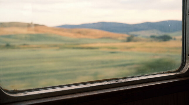 Motion-blurred pastoral countryside streaking past a train window, abstract