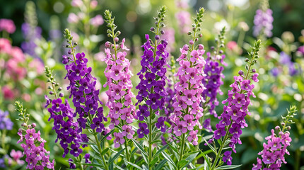 Obraz premium Beautiful purple and pink flowers in a lush garden setting with vibrant green leaves everywhere outside