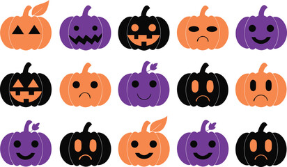 Fototapeta premium Halloween-pumpkin-faces-flat-vector-icon-set