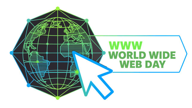 World Wide Web Day graphic emblem with flat vector globe plexus network connections and mouse cursor arrow on white background