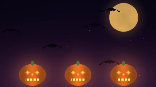 Flying Bats Harvest Moon and Glowing Jack o Lanterns Spooky Halloween Night Seamless Loop Background