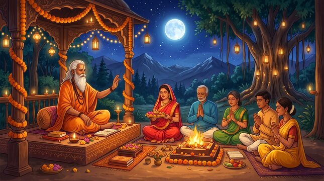 Guru Purnima Celebration with Ancient Sage and Devotees Performing Yagna in Full Moonlight &ndash; Spiritual Guidance and Blessing