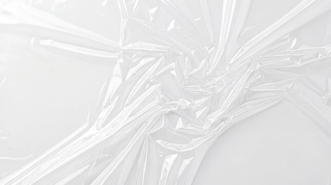 Abstract white plastic texture background, crumpled transparent film surface with glossy highlights, clean minimal wrinkled material pattern