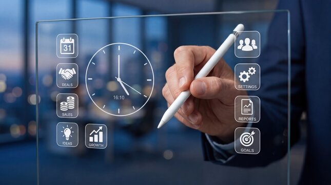 Hand using stylus on futuristic holographic interface, virtual screen with business icons, time management and productivity tools, digital planning dashboard
