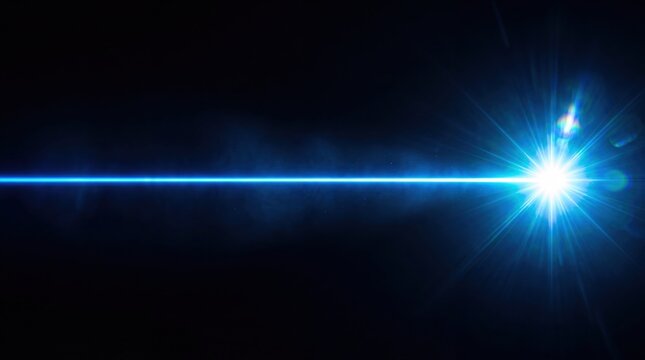 Intense blue laser flash with starburst effect, high energy light beam on dark background, optical lens flare and radiation glow
