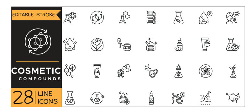Cosmetic Compound icons set. Includes icons for skincare ingredients, beauty products, laboratory testing, formulations, cosmetics, and personal care. Editable stroke. Line icons. Perfect for apps.
